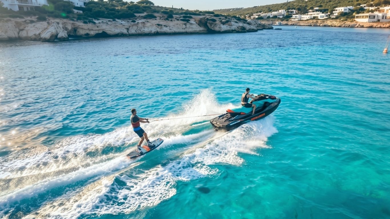 Wakeboarder being towed by a jet ski on turquoise Ibiza water
