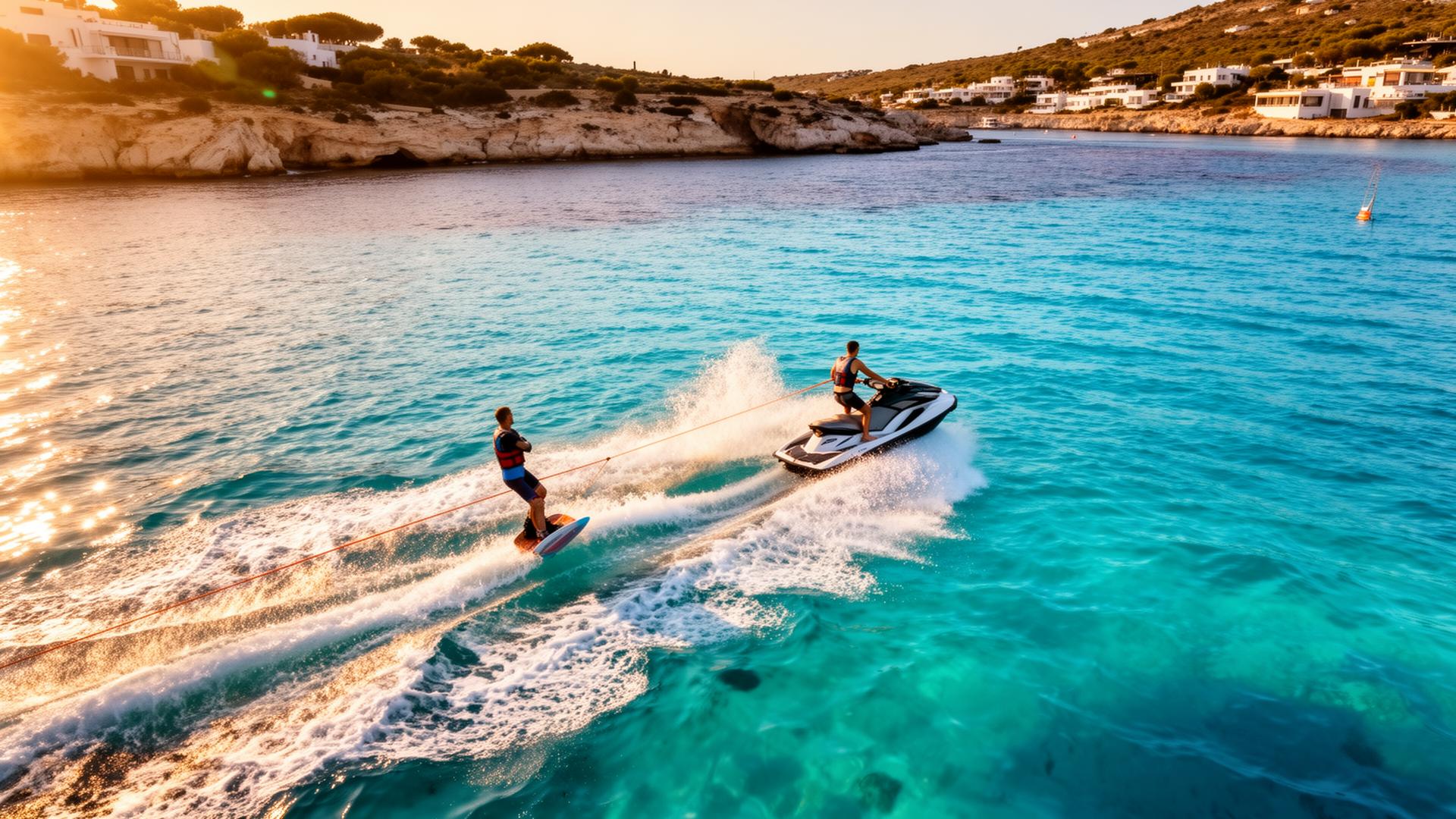 Wakeboarder being towed by a jet ski on turquoise Ibiza water